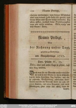 Neunte Predigt. Von der Rechnung unsrer Tage, gehalten zu Rotterdam am Neujahrstage 1727.