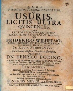 Dissertatio Juridica Inauguralis, De Usuris, Licitis Ultra Qvincunces