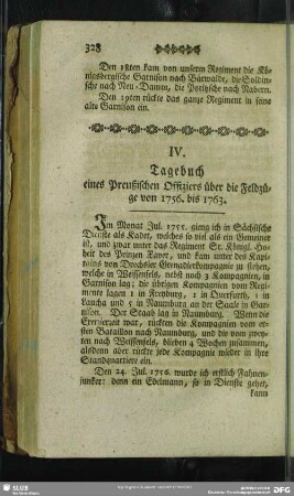 IV. Tagebuch eines Preußischen Offiziers über die Feldzüge von 1756. bis 1763