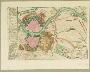 Landkarte von Dresden und Umgebung mit den brennenden Vorstädten und der Truppenaufstellung am 10. November 1758 im Siebenjährigen Krieg, mit Legende