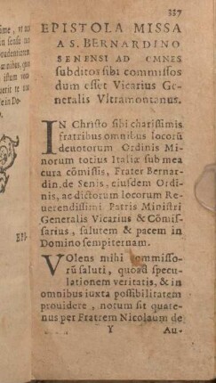 Epistola Missa A S. Bernardino Senensi Ad Omnes subditos sibi commissos dum effet Vicarius Generalis Vltramontanus. l