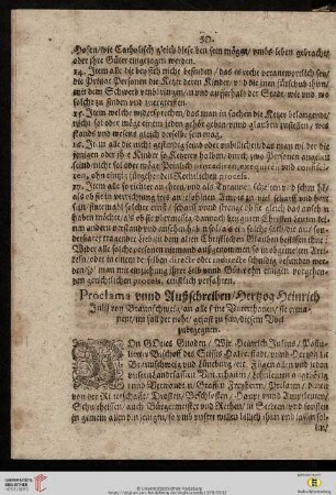 Proclama vnnd Außschreiben/ Hertzog Heinrich […]
