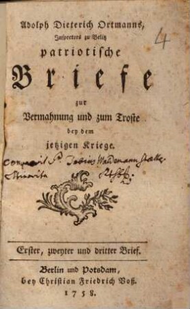 Adolph Dieterich Ortmanns, Inspectors zu Belitz patriotische Briefe zur Vermahnung und zum Troste bey dem jetzigen Kriege