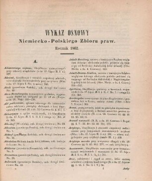 Wykaz osnowy Niemiecko-Polskiego Zbioru praw. Rocznik 1862