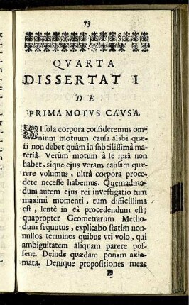 Quarta Dissertati[o]. De Prima Motus Causa.