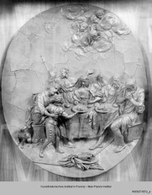 Speisung der Pilger durch den seligen Ambrogio Sansedoni - Beato Ambrogio Sansedoni sedente alla mensa con altre persone che mangiano