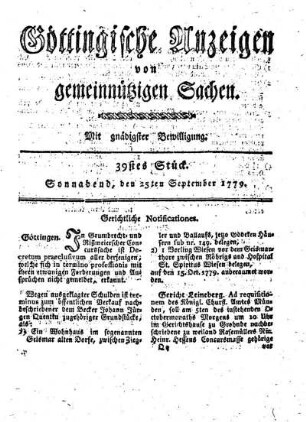 39tes Stück. Sonnabend, den 25ten September 1779.