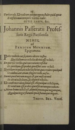 Johannis Passeratii ... Nihil
