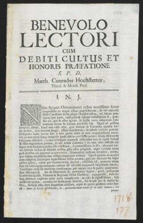 Benevolo Lectori Cum Debiti Cultus Et Honoris Praefatione