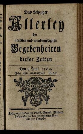 Den 8 Julii 1760. Acht und zwanzigstes Stück.