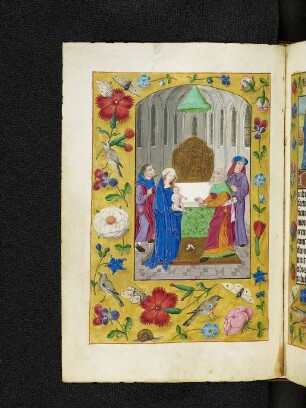 Vollbordürenseite mit Streumusterbordüre und Miniatur: Darbringung im Tempel (Laudes)