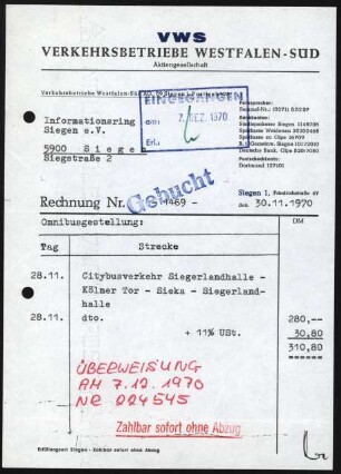 Firmenbriefkopf Verkehrsbetriebe Westfalen - Süd, Aktiengesellschaft