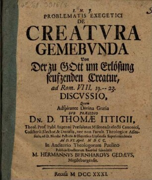 Problematis exeg. de creatura gemebunda : ad Rom. VIII, 19 - 23. discussio