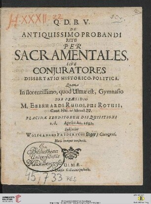 De Antiquissimo Probandi Ritu Per Sacramentales, Sive Conjuratores Dissertatio Historico-Politica