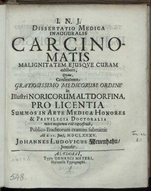 Dissertatio Medica Inauguralis Carcinomatis Malignitatem Eiusque Curam exhibens