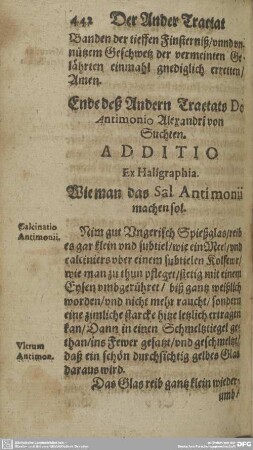ADDITIO Ex Haligraphia. Wie man das Sal Antimonii machen sol.