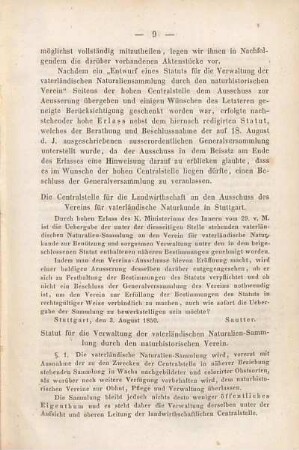 Statut für die Verwaltung der vaterländischen Naturalien-Sammlung durch den naturhistorischen Verein