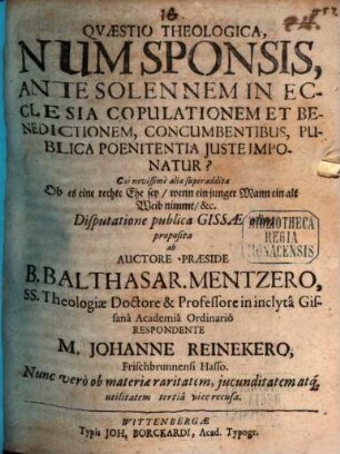 Qvæstio Theologica, Num Sponsis, Ante Solennem In Ecclesia Copulationem Et Benedictionem, Concumbentibus, Publica Poenitentia Juste Imponatur?