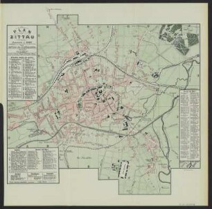 Plan und Umgebungskarte mit Einträgen zum Grundbesitz von Zittau , 1:10 000 u. 1:112 500, Lithographie, 1904 : 1. Plan von Zittau / nach Plänen des Stadtbauamtes. Bearb. von R. Müller. - 1:10 000. - Zittau : Haupt u. Schwager, 1904. - 1 Kt. : Lithogr. ; 38 x 28 cm +++ 2. Karte des Grundbesitzes der Stadt Zittau / Gez. von R. Müller. - Rev. 1904. - 1:112 500. - Zittau : Haupt u. Schwager, 1904. - 1 Kt. : dreifarb. Lithogr. ; 36 x 30 cm