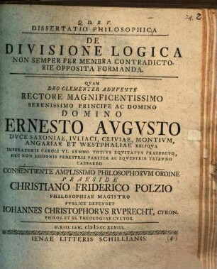 Dissertatio Philosophica De Divisione Logica Non Semper Per Membra Contradictorie Opposita Formanda