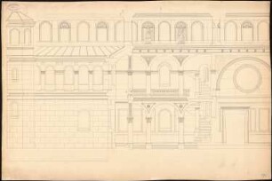 Palazzo Quiqui (?) u.a., Siena (Für Veröffentlichung Palastarchitektur Italiens): Teilansicht und Schnitt durch den Hof