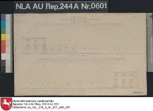 Seitenansichten vom Platzgebäude der Domäne Klein-Heiselhusen bei CAMPEN Zeichnung von G. Behr Papier Format 45,0x27,7 M 1:161
