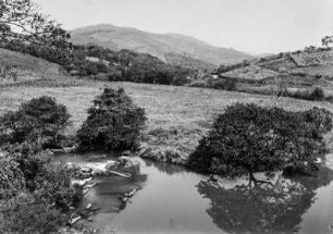 Tal des Rio de Peixe : Tal des Rio de Peixe mit Bäumen am Ufer des Flusses und Hügeln im Hintergrund.