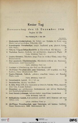 Erster Tag: Donnerstag, den 15. Dezember 1938: Beginn 15 Uhr (Nr. 1-320)