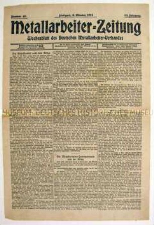 Titelblatt der Wochenzeitung des Deutschen Metallarbeiter-Verbandes zur Haltung des Verbandes zum Krieg