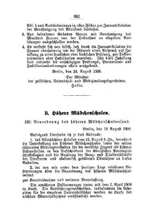 Neuordnung des höheren Mädchenschulwesens : [B. Höhere Mädchenschulen]