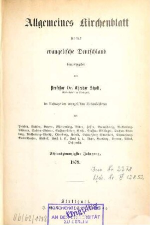 Allgemeines Kirchenblatt für das evangelische Deutschland : Amtsblatt des Deutschen Evangelischen Kirchenbundes. 28. 1879