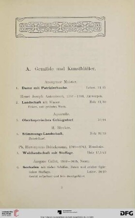 Gemälde und Kunstblätter (Nr. 1-187)