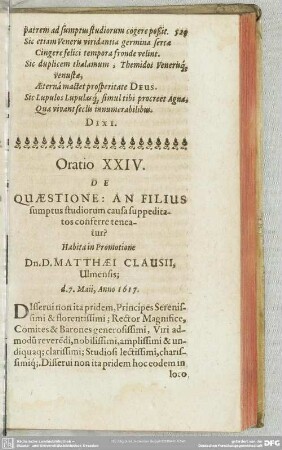 Oratio XXIV. De Quaestione: An Filius sumptus studiorum causa suppeditatos conferre teneatur?