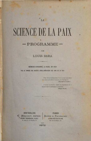 La science de la paix-programme-mémoire couronné, à Paris, en 1849