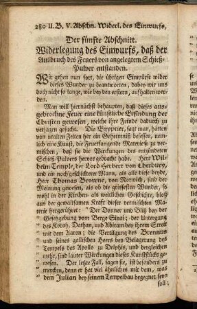Der fünfte Abschnitt. Widerlegung des Einwurfs, daß der Ausbruch des Feuers von angelegtem Schieß-Pulver entstanden.
