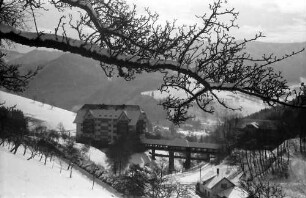 Glotterbad: Blick ins Tal mit dem Alexanderbau/Carlsbau; verschneite Äste übers ganze Bild