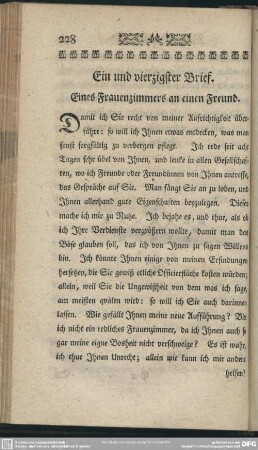 Ein und vierzigster Brief. Eines Frauenzimmers an einen Freund