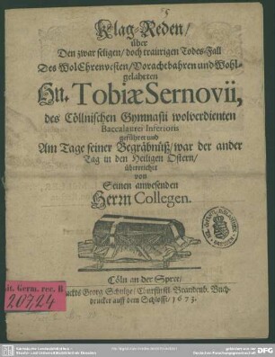 Klag-Reden, über den Todes-Fall Tobiae Sernovii
