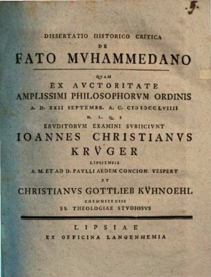 Dissertatio Historico Critica De Fato Mvhammedano