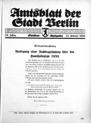 Sonderausgabe, 22. Februar 1934