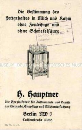 Die Bestimmung des Fettgehaltes in Milch und Rahm ohne Zentrifuge und ohne Schwefelsäure