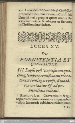 Locus XV. De Poenitentia Et Confessione
