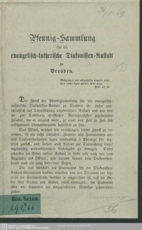 Pfennig-Sammlung für die evangelisch-lutherische Diakonissen-Anstalt zu Dresden