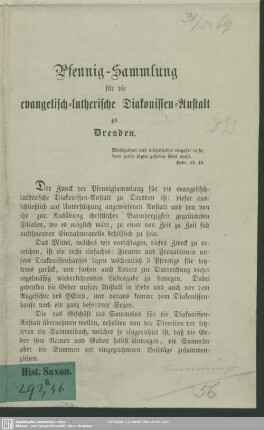 Pfennig-Sammlung für die evangelisch-lutherische Diakonissen-Anstalt zu Dresden