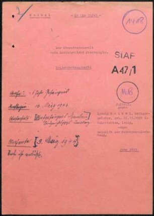 Angeklagte: Jaser, Kaspar (Metzger); Gottmadingen *16.09.1903 in Oberhausen (Bayern); + ? Waibel, Ludwig (Metzgermeister); Gottmadingen *22.11.1908 in Waldstetten; + ? Delikt: Verbrechen gegen die Kriegswirtschaftsverordnung Schwarzschlachtung Tatort: Gottmadingen Tatzeit: März 1940-November 1941