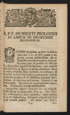 R. P. F. Humberti Prologus In Librum De Eruditione Religiosorum.