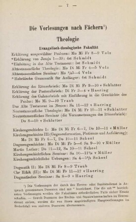 7-19, Die Vorlesungen nach Fächern
