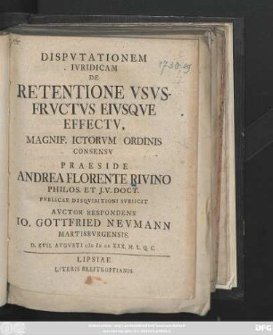 Dispvtationem Ivridicam De Retentione Vsvsfrvctvs Eivsqve Effectv