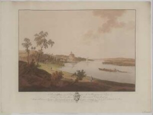 Ansicht von Schloss Hirschstein an der Elbe mit Wappen, kolor. Umrissradierung, um 1795 : Hirschstein sur l´Elbe pres de Meissen en Saxe: Monsieur le Comte de Loss . gewidmet von Christ. Gottfried. Schultze / Aprés Ehrlich. Par Wizani le jeune. - Dresden : Schultze , [ca. 1795]. - 1 Kunstbl. : kolor. Umrissradierung ; 53 x 37 cm