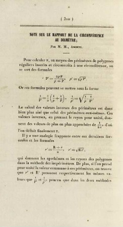 Note sur le rapport de la circonférence au diamètre.